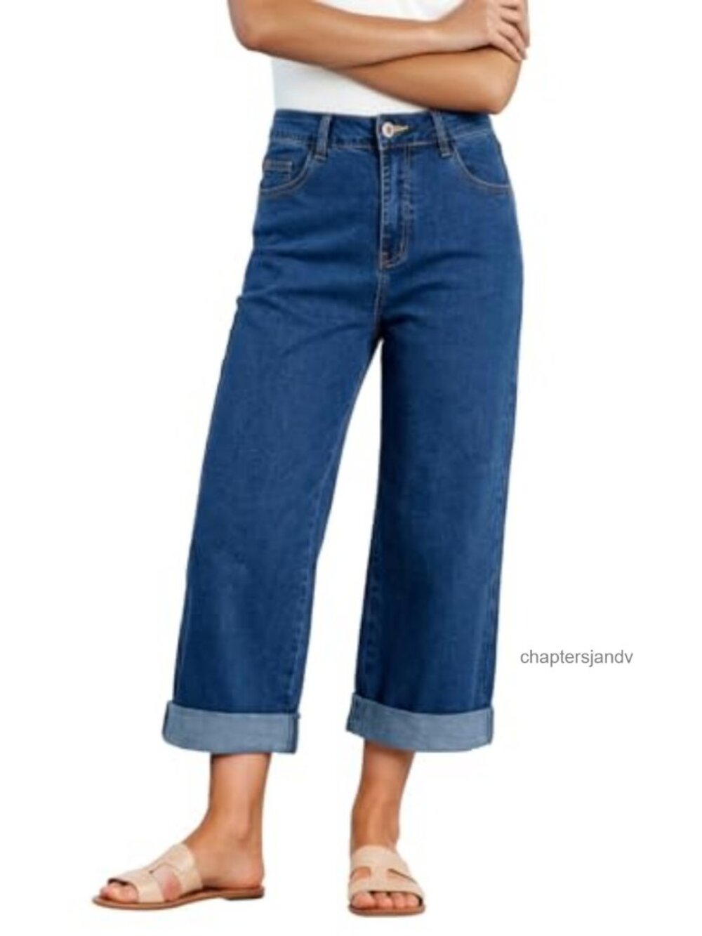 Wide Leg High Waisted Cropped Capri Jeans with Rolled Hem